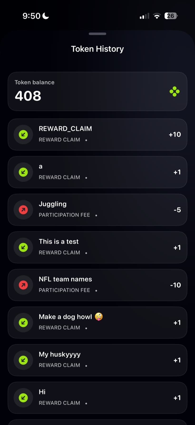 Token History screen showing a balance of 408 tokens earned from challenges